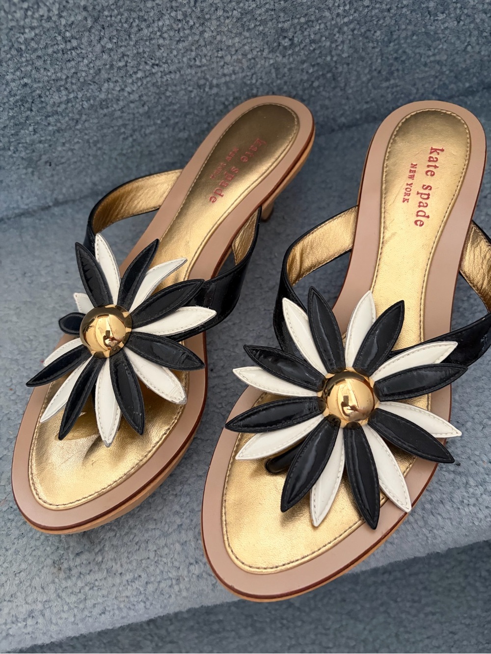 kate spade Black and White Floral Leather Slide Mules